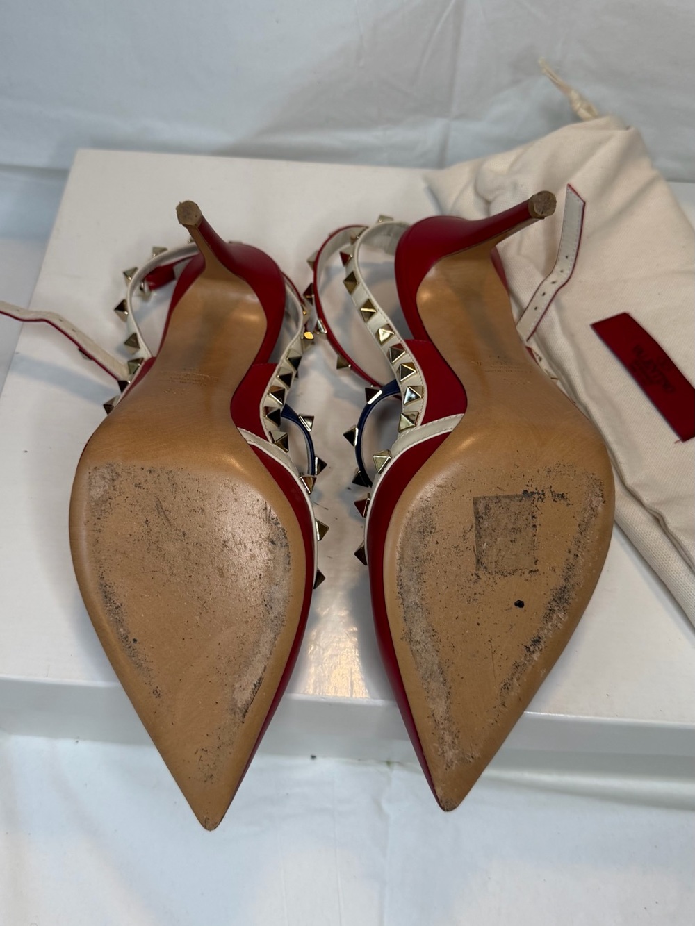 Valentino Red, White & Navy Rockstud Pointed Slingback Heels - Picture 8 of 8